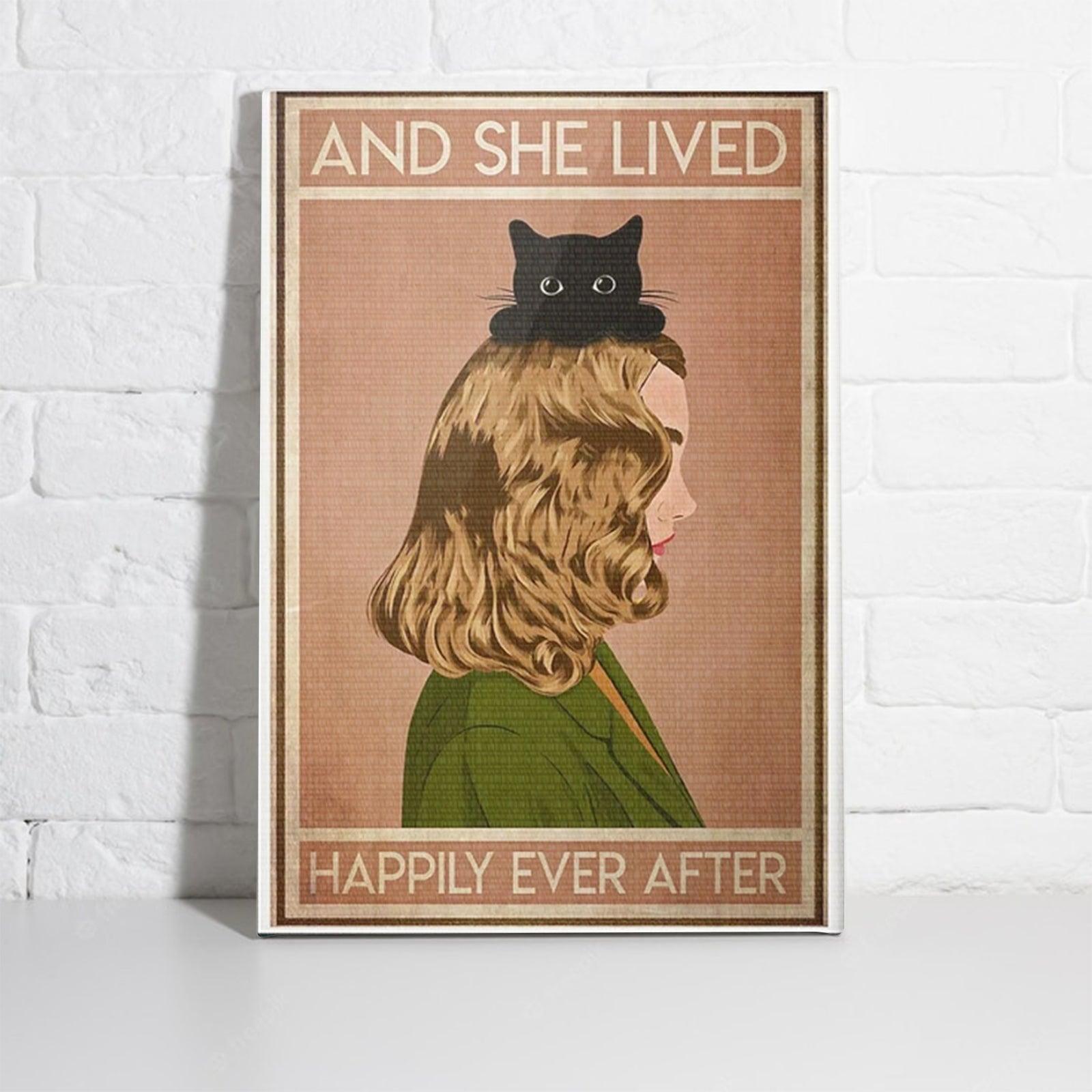 Black Cat Portrait Canvas - Black Cat And She Lived Happily Ever After Premium Wrapped Canvas - Perfect Gift For Cat Lovers, Black Cat Owners - Amzanimalsgift