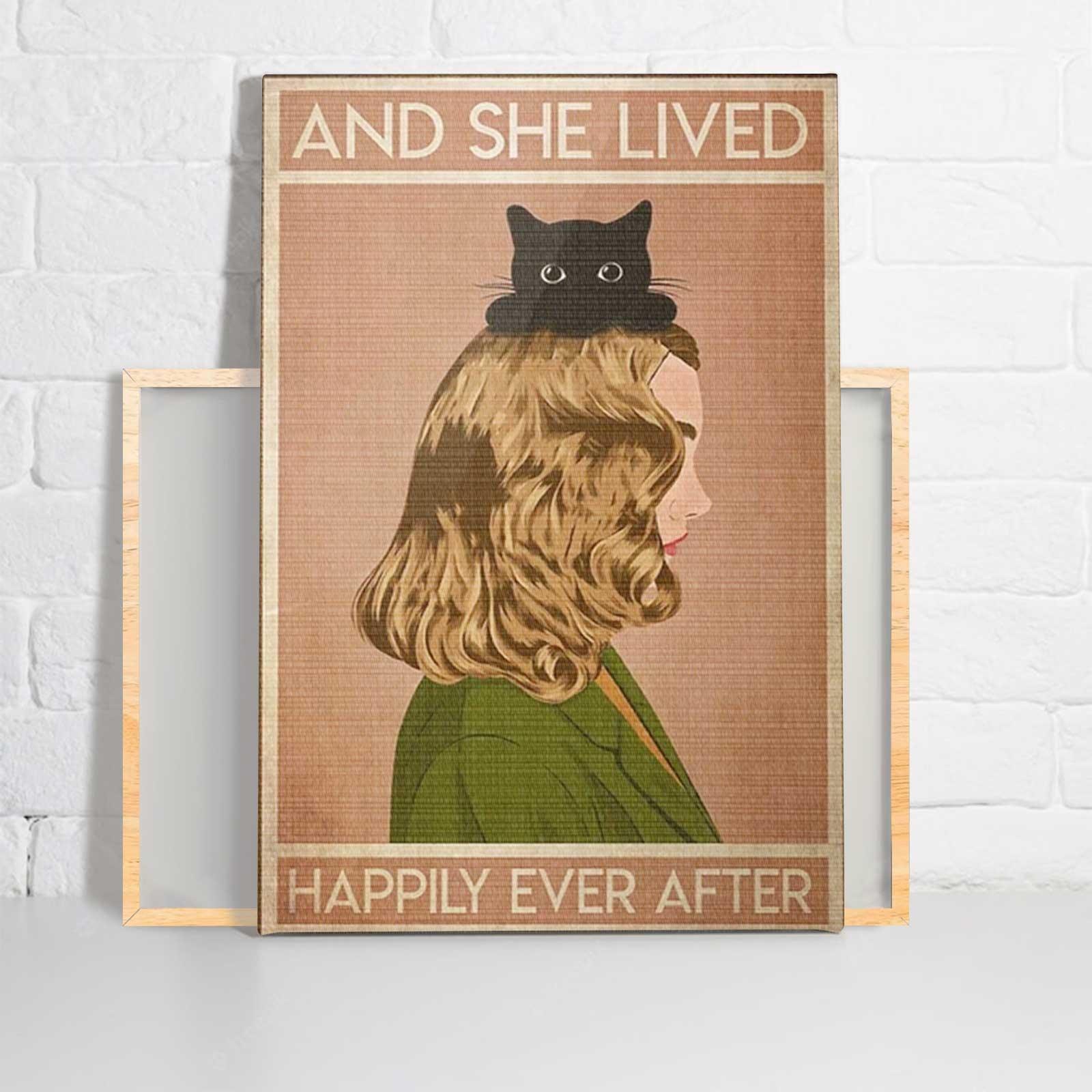 Black Cat Portrait Canvas - Black Cat And She Lived Happily Ever After Premium Wrapped Canvas - Perfect Gift For Cat Lovers, Black Cat Owners - Amzanimalsgift