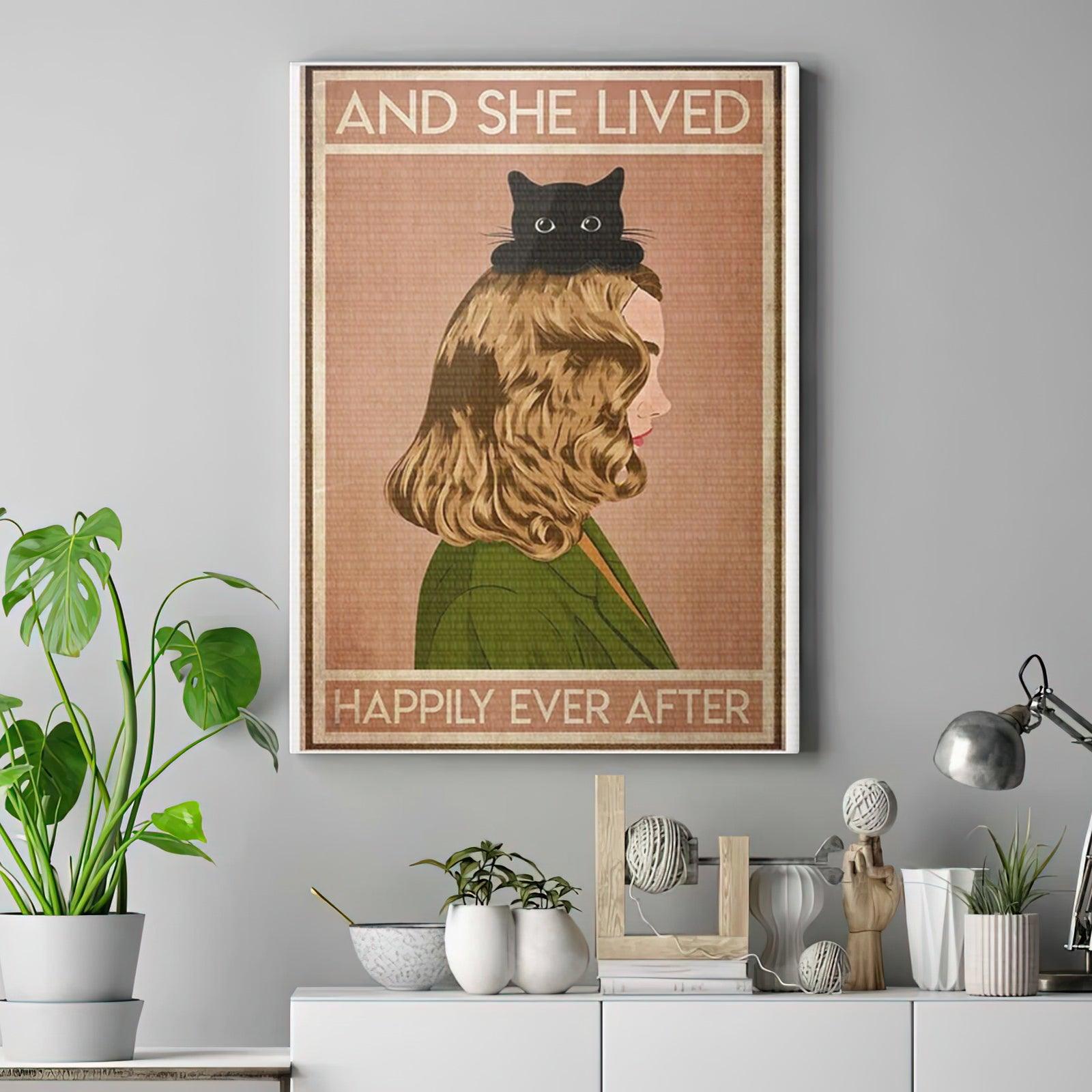 Black Cat Portrait Canvas - Black Cat And She Lived Happily Ever After Premium Wrapped Canvas - Perfect Gift For Cat Lovers, Black Cat Owners - Amzanimalsgift