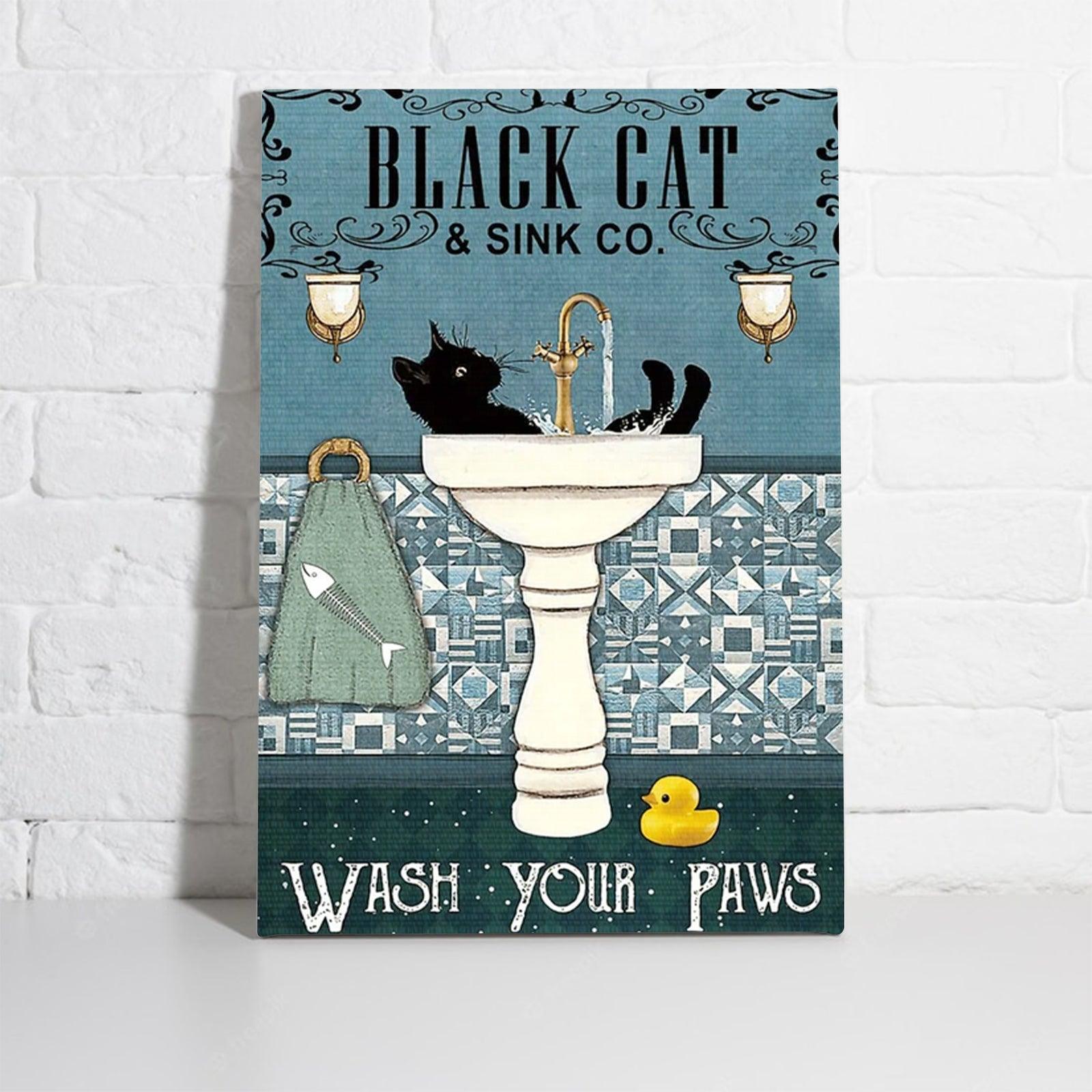Black Cat Portrait Canvas - Black Cat & Sink Co Wash Your Paws Premium Wrapped Canvas - Perfect Gift For Black Cat Lovers, Cat Lovers, Cat Owners - Amzanimalsgift