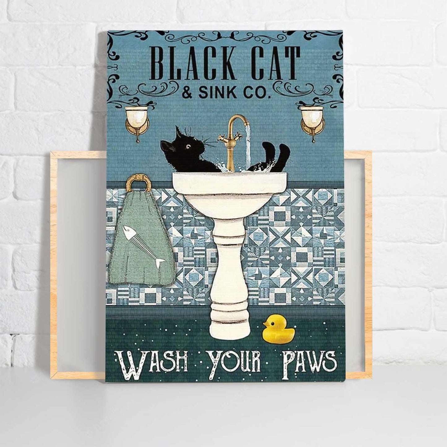Black Cat Portrait Canvas - Black Cat & Sink Co Wash Your Paws Premium Wrapped Canvas - Perfect Gift For Black Cat Lovers, Cat Lovers, Cat Owners - Amzanimalsgift