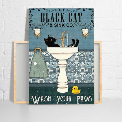 Black Cat Portrait Canvas - Black Cat & Sink Co Wash Your Paws Premium Wrapped Canvas - Perfect Gift For Black Cat Lovers, Cat Lovers, Cat Owners - Amzanimalsgift