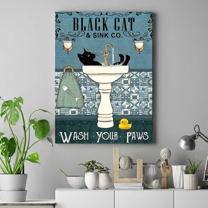 Black Cat Portrait Canvas - Black Cat & Sink Co Wash Your Paws Premium Wrapped Canvas - Perfect Gift For Black Cat Lovers, Cat Lovers, Cat Owners - Amzanimalsgift