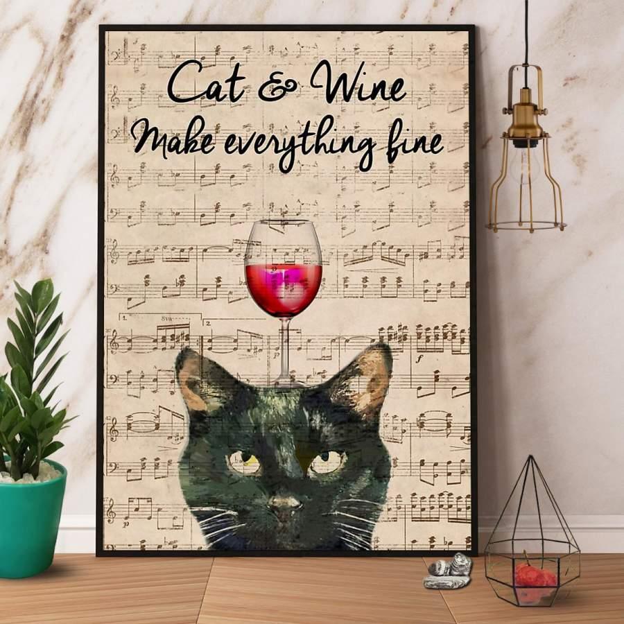 Black Cat Portrait Canvas - Black Cat & Wine Make Everything Fine Sheet Music - Perfect Gift For Black Cat Lovers, Cat Lovers, Wine Lovers - Amzanimalsgift