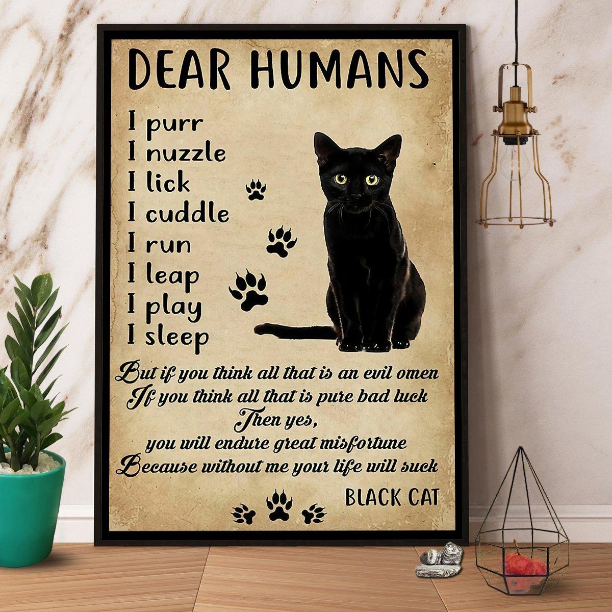 Black Cat Portrait Canvas - Black Cat Dear Human I Purr I Nuzzle I Lick I Cuddle I Run I Leap I Play I Sleep - Perfect Gift For Black Cat Lovers - Amzanimalsgift