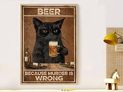 Black Cat Portrait Canvas - Black Cat Drink Beer Because Murder Is Wrong, Grumpy Black Cat - Perfect Gift For Black Cat Lovers, Owners, Cat Lovers - Amzanimalsgift