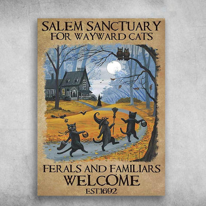 Black Cat Portrait Canvas - Black Cat Halloween Salem Sanctuary For Wayward Cats - Perfect Gift For Black Cat Lovers, Halloween Gifts - Amzanimalsgift