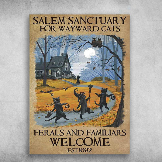 Black Cat Portrait Canvas - Black Cat Halloween Salem Sanctuary For Wayward Cats - Perfect Gift For Black Cat Lovers, Halloween Gifts - Amzanimalsgift