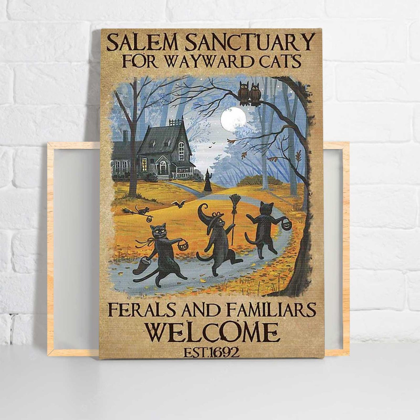 Black Cat Portrait Canvas - Black Cat Halloween Salem Sanctuary For Wayward Cats - Perfect Gift For Black Cat Lovers, Halloween Gifts - Amzanimalsgift