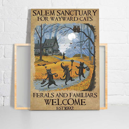 Black Cat Portrait Canvas - Black Cat Halloween Salem Sanctuary For Wayward Cats - Perfect Gift For Black Cat Lovers, Halloween Gifts - Amzanimalsgift