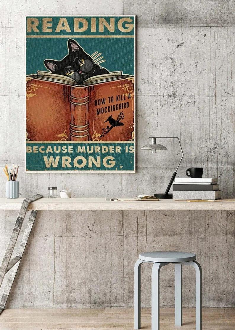 Black Cat Portrait Canvas - Black Cat Reading Because Murder Is Wrong - Perfect Gift For Black Cat Lovers, Black Cat Owners, Cat Lovers - Amzanimalsgift