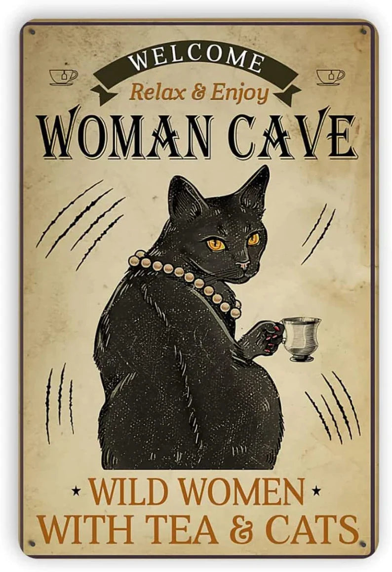 Black Cat Portrait Canvas - Black Cat Welcome Woman Cave Wild Women With Tea and Cats - Perfect Gift For Black Cat Lovers, Black Cat Owners, Cat Lovers - Amzanimalsgift