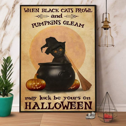 Black Cat Portrait Canvas - Black Cats Halloween Prowl And Pumpkins Gleam - Perfect Gift For Black Cat Lovers, Black Cat Owners, Cat Lovers - Amzanimalsgift