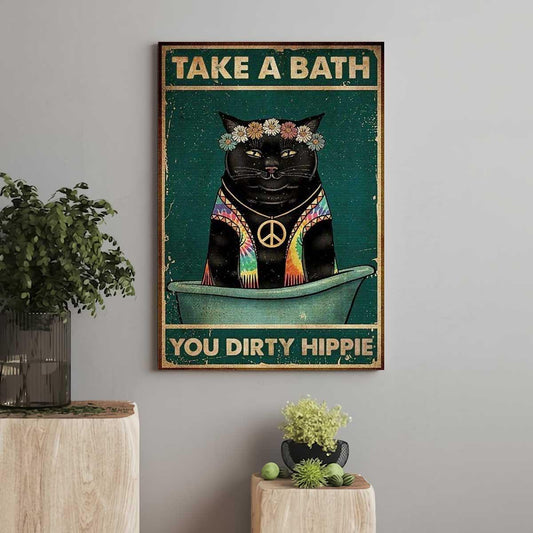 Black Cat Portrait Canvas, Cat Take A Bath You Dirty Hippie Portrait Canvas, Premium Wrapped Canvas - Perfect Gift For Black Cat Owner - Amzanimalsgift