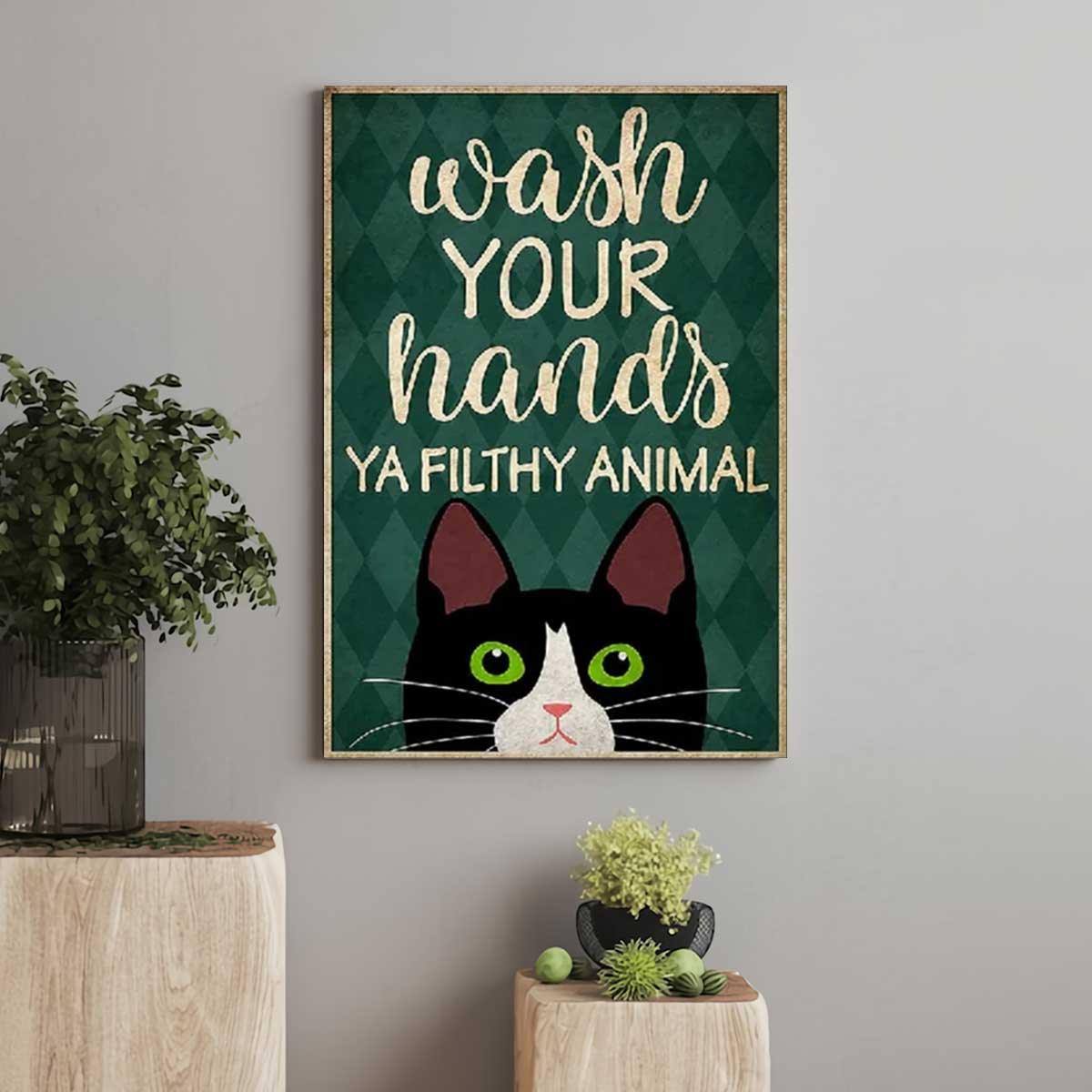 Black Cat Portrait Canvas, Cat Wash Your Hands Ya Filthy Animal, Cute Black Cat Premium Wrapped Canvas - Gift For Family, Cat Lovers - Amzanimalsgift