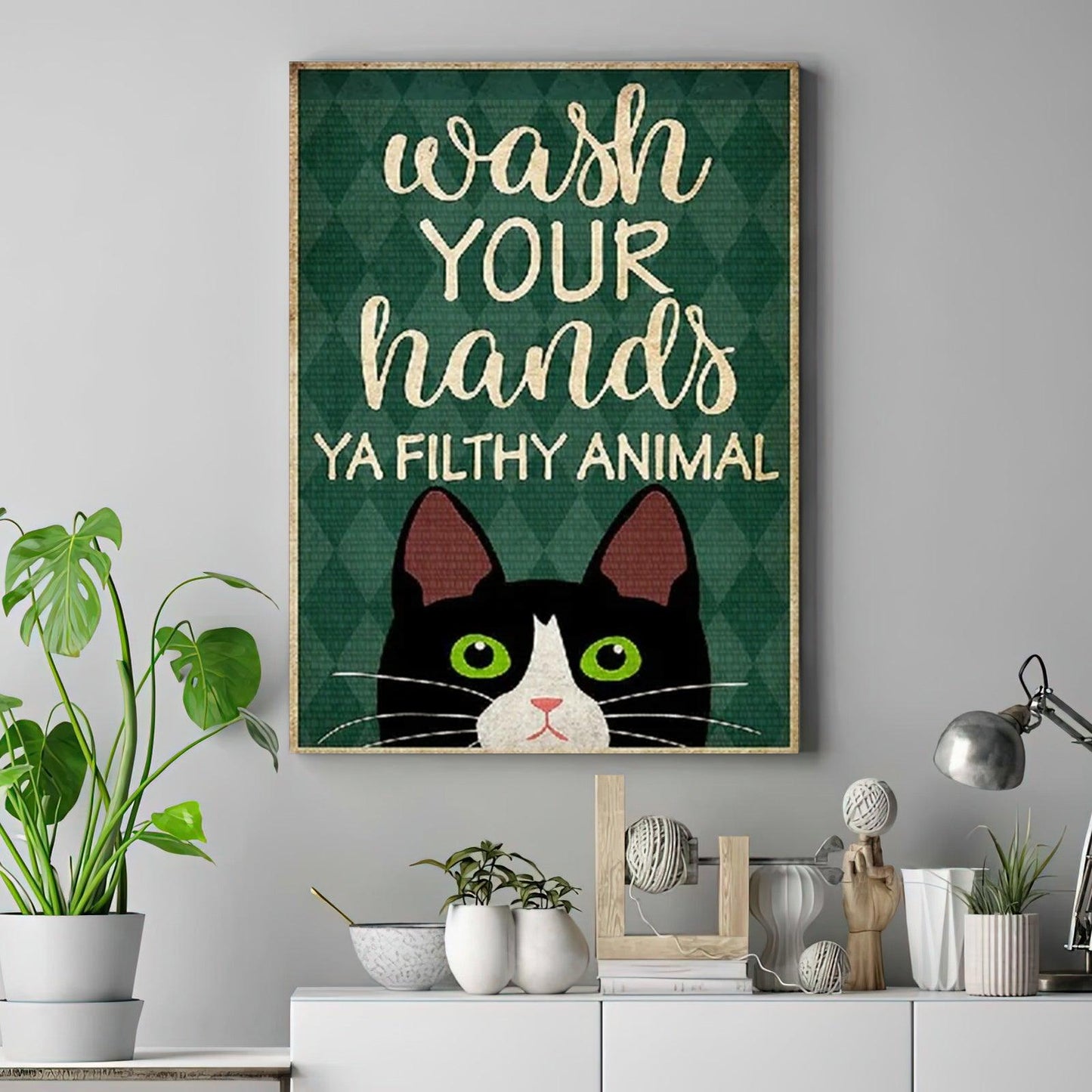 Black Cat Portrait Canvas - Cat Wash Your Hands Ya Filthy Animal, Cute Cat Premium Wrapped Canvas - Perfect Gift For Black Cat Lover, Friend, Family - Amzanimalsgift