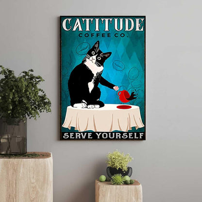 Black Cat Portrait Canvas, Catitude Coffee co Serve Yourself, Vintage Black Cat Premium Wrapped Canvas - Gift For Family, Cat Lovers - Amzanimalsgift