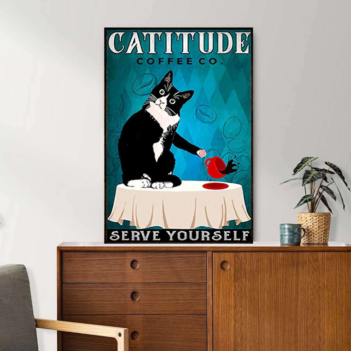 Black Cat Portrait Canvas, Catitude Coffee co Serve Yourself, Vintage Black Cat Premium Wrapped Canvas - Gift For Family, Cat Lovers - Amzanimalsgift