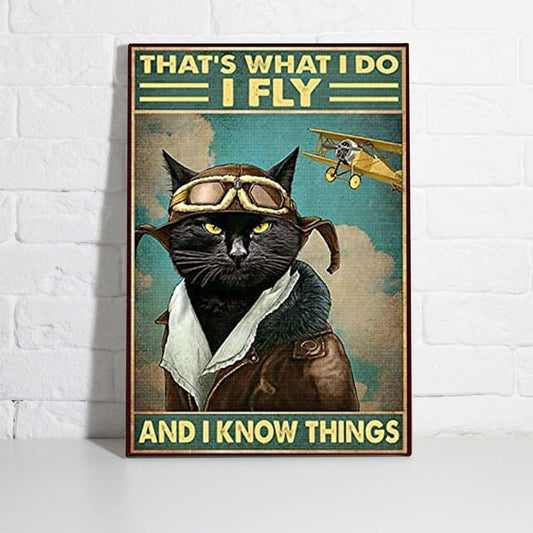 Black Cat Portrait Canvas - Funny Pilots Black Cat Premium Wrapped Canvas - Perfect Gift For Cat Lover, Friend, Family - Amzanimalsgift