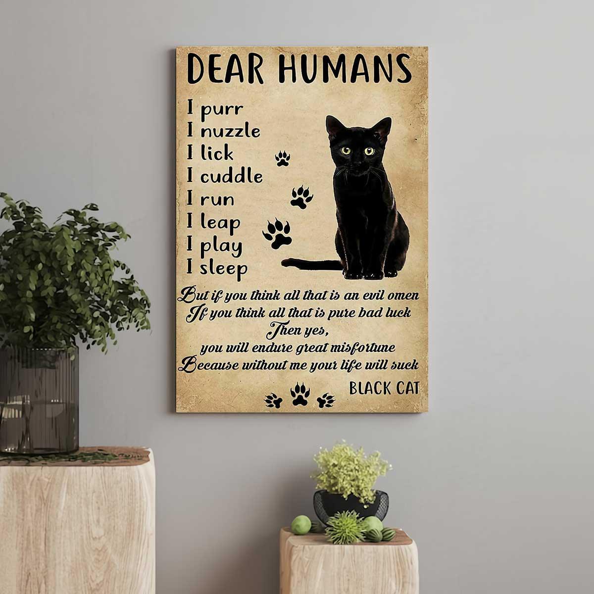 Black Cat Portrait Canvas - Gift For Family, Cat Lovers Premium Wrapped Canvas, Dear Human I Purr I Nuzzle I Lick I Cuddle I Run I Leap I Play I Sleep - Amzanimalsgift