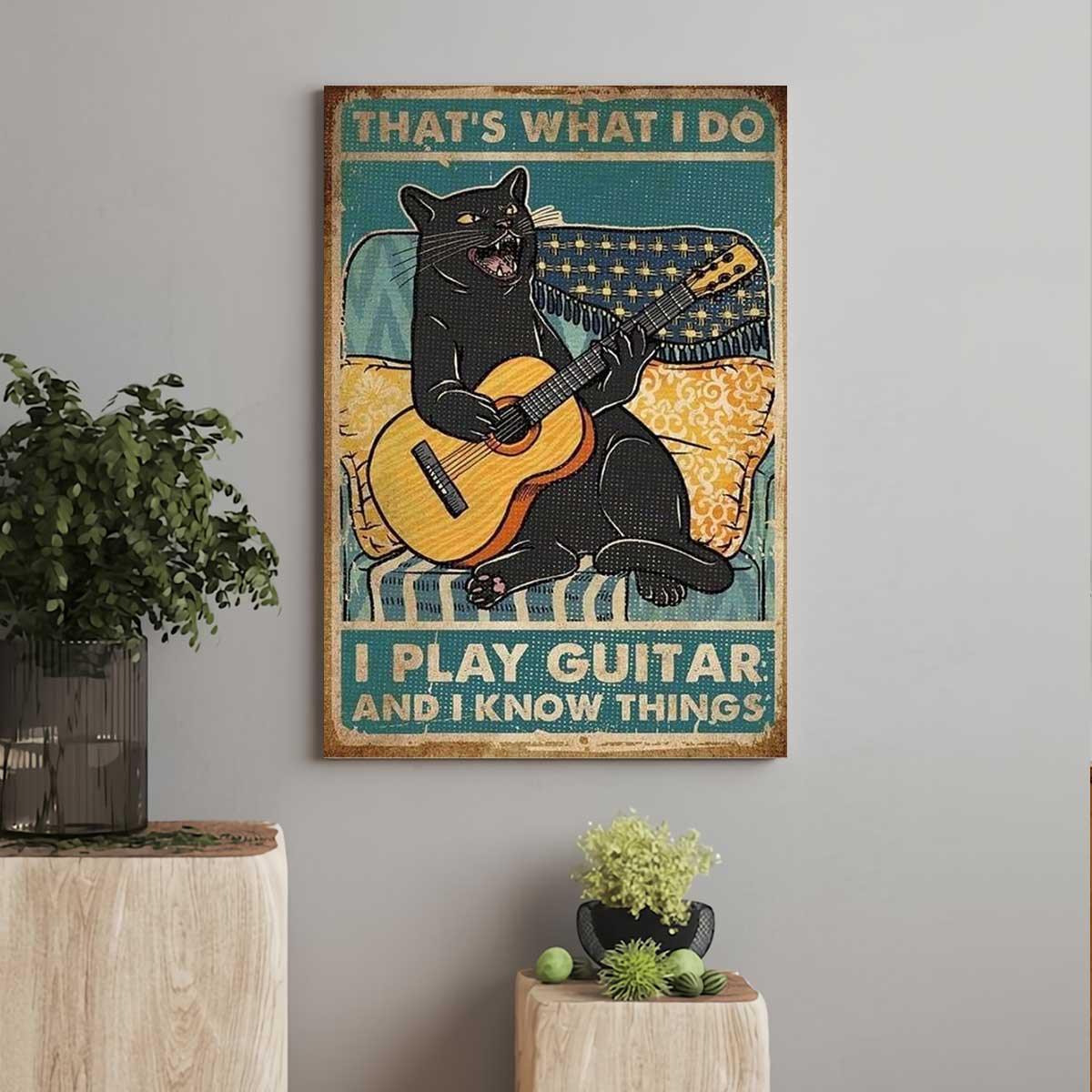 Black Cat Portrait Canvas, That's What I Do I Play Guitar And I Know Things Premium Wrapped Canvas - Gift For Family, Cat Lovers - Amzanimalsgift