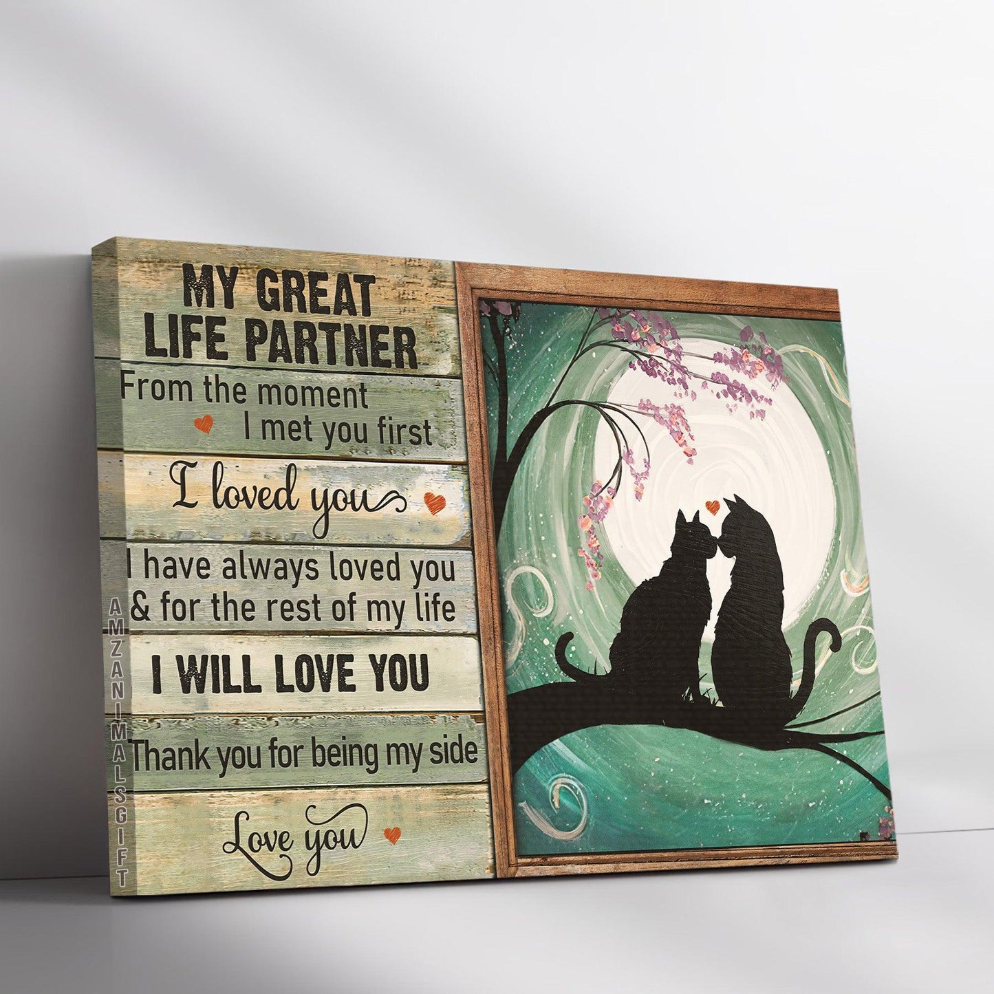 Black Cat Premium Wrapped Landscape Canvas - Black Cat Painting, Pink Flower, Fullmoon, Thank You For Being My Side - Couple Gift For Black Cat Lovers - Amzanimalsgift