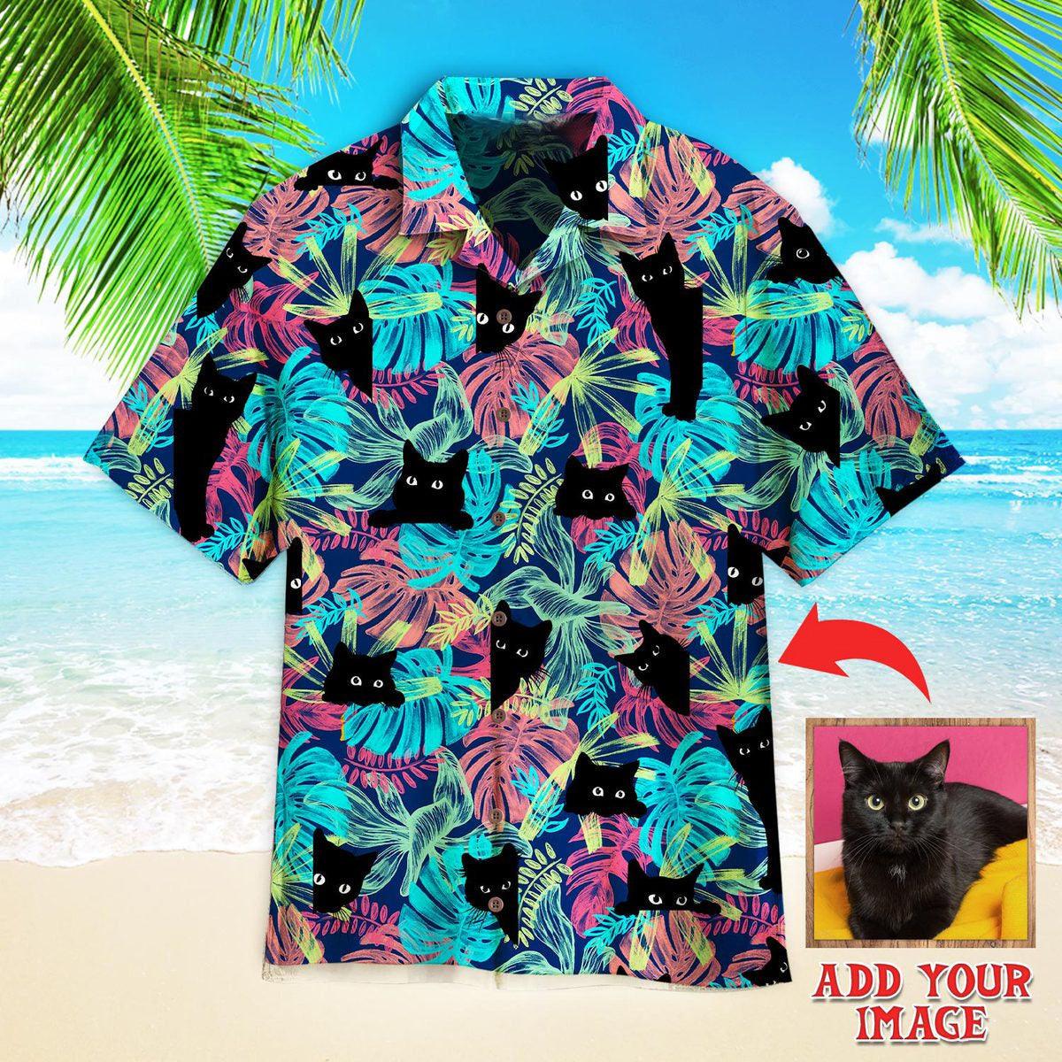 Black Cat Tropical Custom Photo Hawaiian Shirt, Personalized Hawaiian Shirts - Perfect Gift For Cat Lovers, Animal Lovers, Family, Friends - Amzanimalsgift