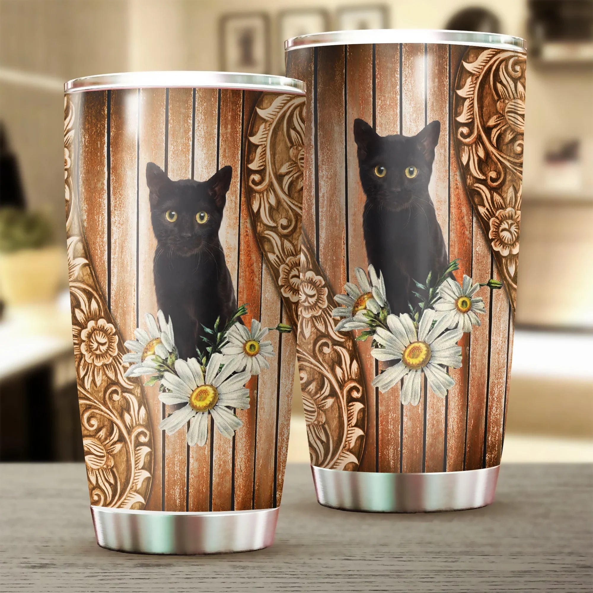 Black Cat Tumbler, Cat And Daisy, Gift for Cat Lovers, Cat Mom Dad, Mother's Day, Couples, Husband, Wife, Parents, Lovers - Amzanimalsgift