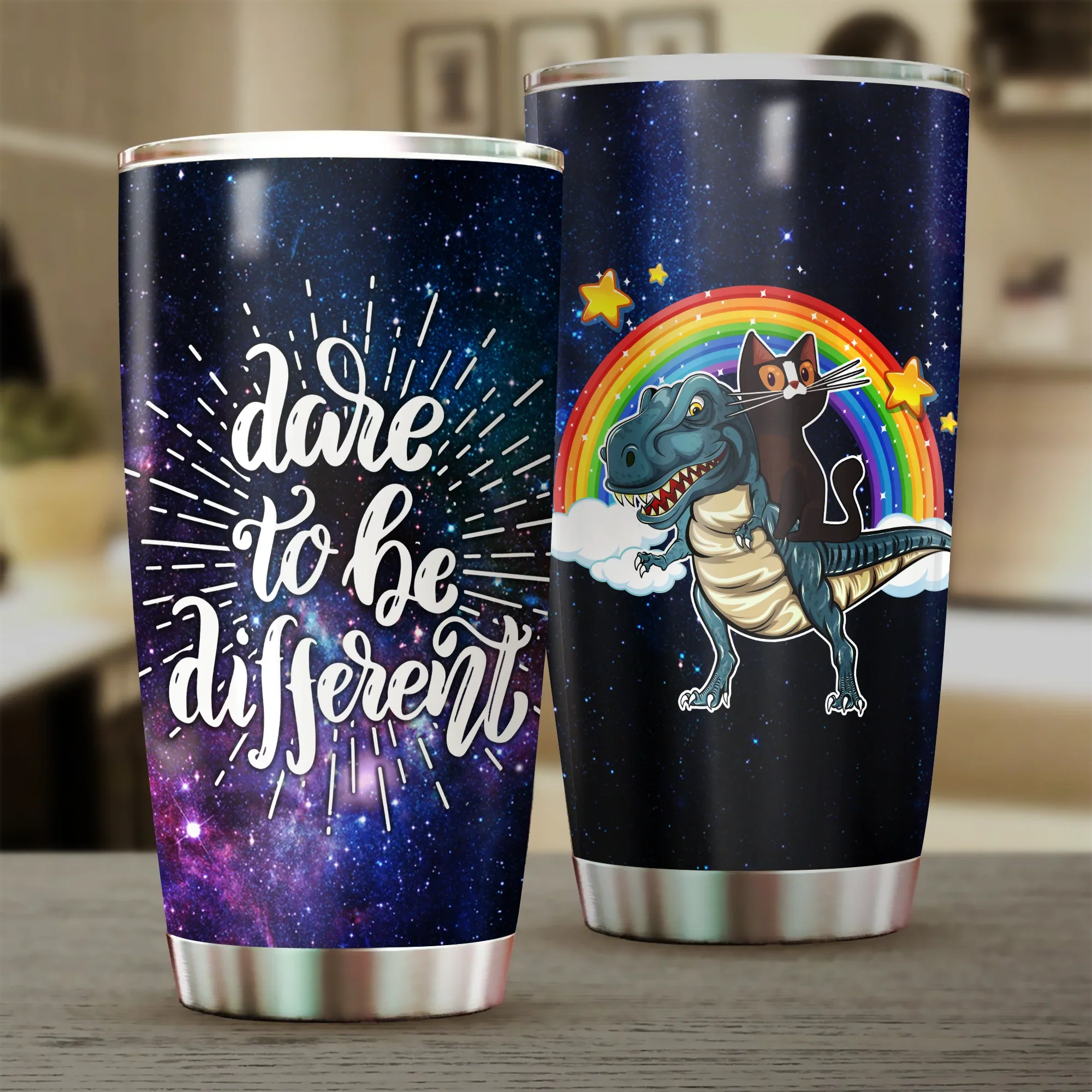 Black Cat Tumbler, Dinosaur And Rainbow, Gift for Cat Lovers, Cat Mom Dad, Mother's Day, Couples, Husband, Wife, Dare To Be Different Tumbler - Amzanimalsgift