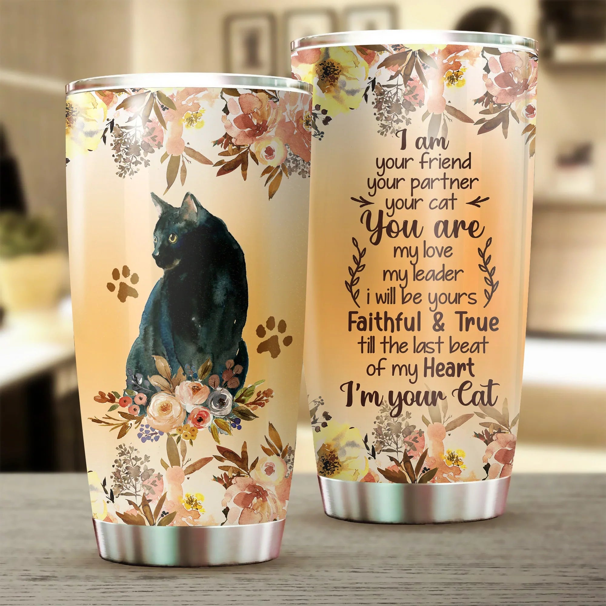 Black Cat Tumbler, Floral, I Am Your Friend, I Am Your Cat, Gift for Cat Lovers, Cat Mom Dad, Mother's Day - Amzanimalsgift