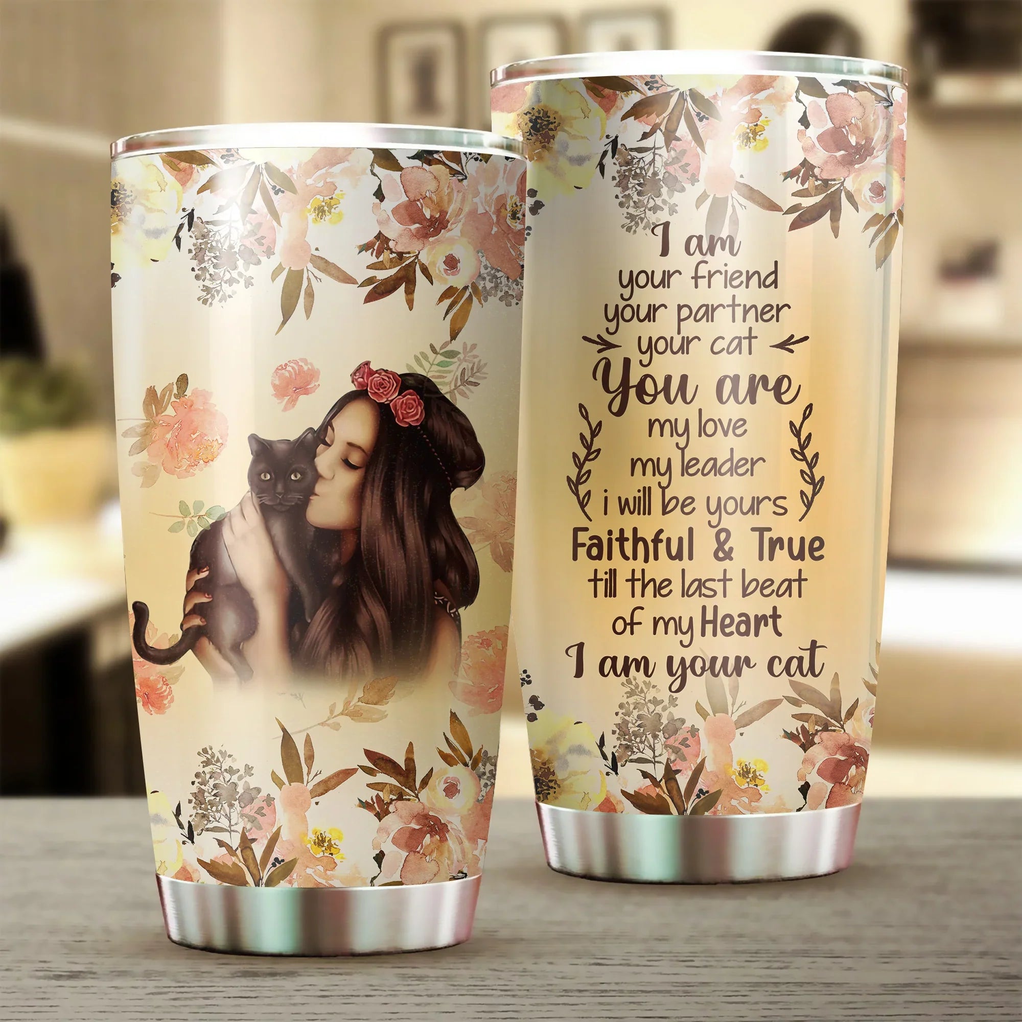 Black Cat Tumbler, Girl With Kittens Drawing Floral, I Am Your Friend, I Am Your Cat, Gift for Cat Lovers, Cat Mom Dad, Mother's Day - Amzanimalsgift