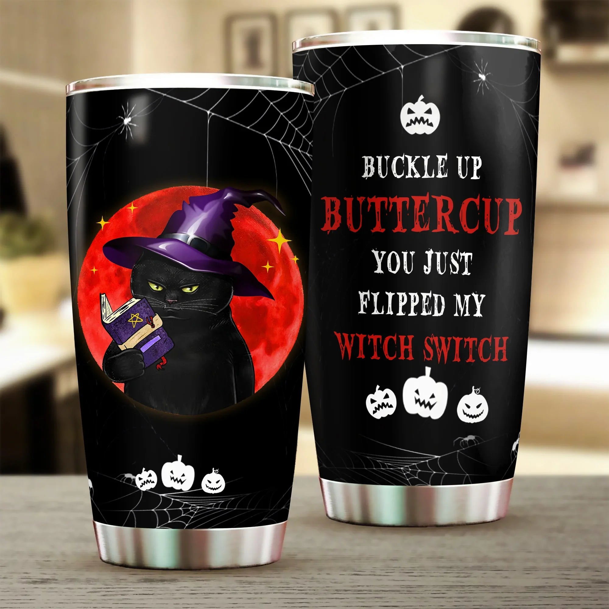 Black Cat Tumbler, Happy Halloween, Gift for Cat Lovers, Cat Mom Dad, Buckle Up Buttercup You Just Flipped My Witch Switch Tumbler - Amzanimalsgift