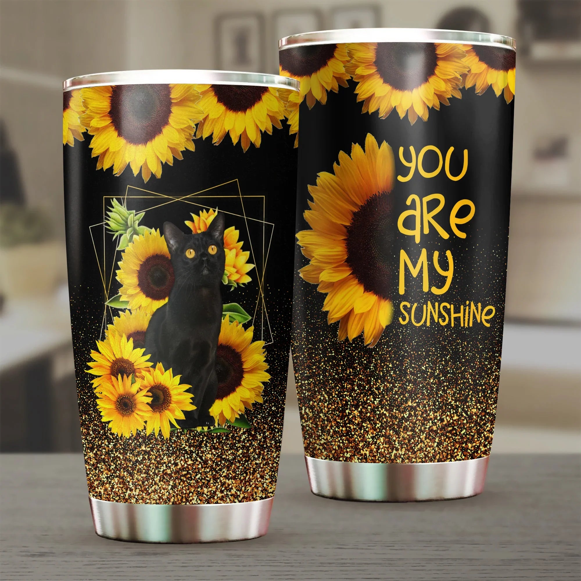 Black Cat Tumbler, Sunflower, You Are My Sunshine, Gift for Cat Lovers, Cat Mom Dad, Mother's Day - Amzanimalsgift