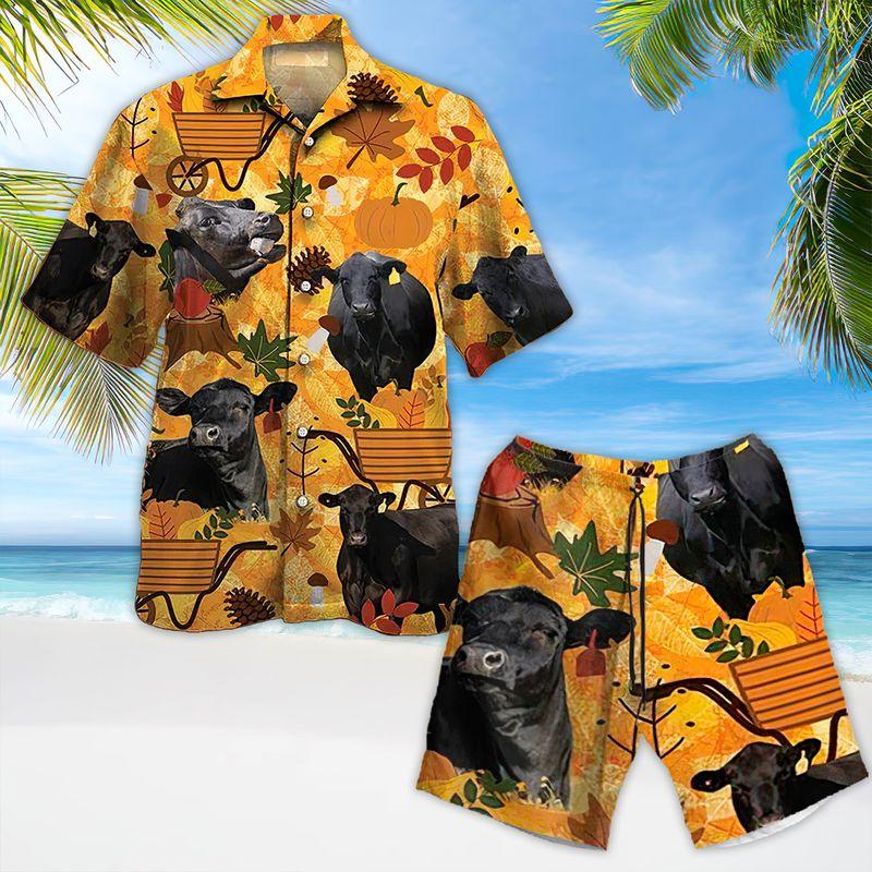 Black Cow Aloha Hawaiian Shirts For Summer, Autumn Pattern Hawaiian Set For Men Women, Thanksgiving Gift For Friend, Farmer, Harvest Day, Cow Lovers - Amzanimalsgift