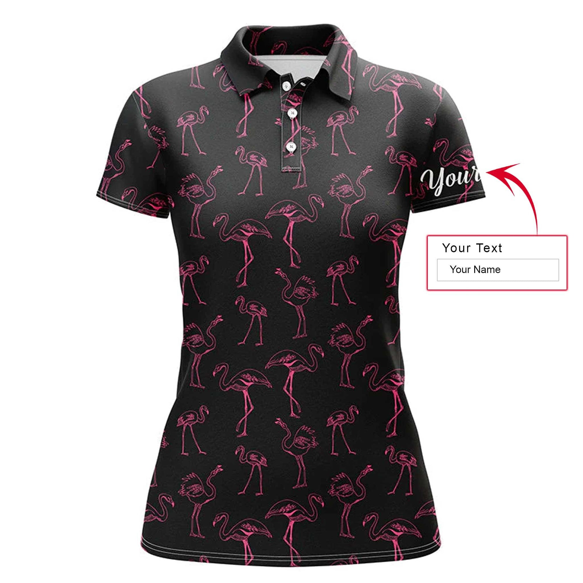 Black Flamingo Custom Name Women Polo Shirt, Neon Pink Flamingos Pattern Personalized Women Polo Shirts, Best Gift For Female, Flamingo Lovers - Amzanimalsgift