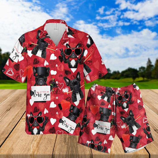 Black French Bulldog Aloha Hawaiian Shirts For Summer, Cartoon Romantic Pattern Hawaiian Set For Men Women, Valentine Gift For Couple, Dog Lovers - Amzanimalsgift