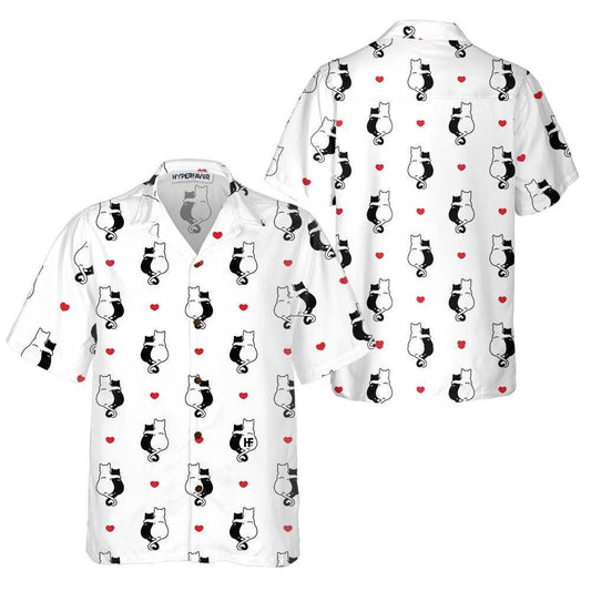 Black White Couple Cat Kitten Aloha Hawaiian Shirt For Summer, Heart Hawaiian Shirt For Men Women Adults, Valentine Day Gift For Couples, Cat Lovers - Amzanimalsgift