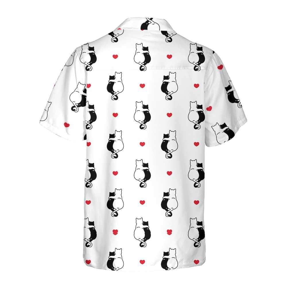 Black White Couple Cat Kitten Aloha Hawaiian Shirt For Summer, Heart Hawaiian Shirt For Men Women Adults, Valentine Day Gift For Couples, Cat Lovers - Amzanimalsgift
