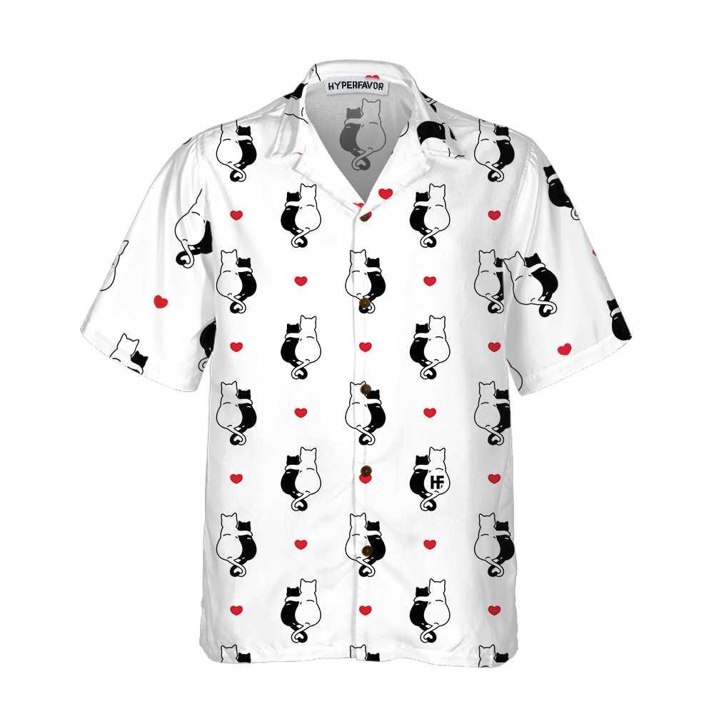 Black White Couple Cat Kitten Aloha Hawaiian Shirt For Summer, Heart Hawaiian Shirt For Men Women Adults, Valentine Day Gift For Couples, Cat Lovers - Amzanimalsgift