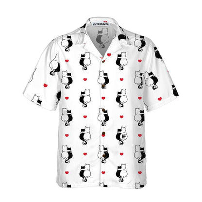 Black White Couple Cat Kitten Aloha Hawaiian Shirt For Summer, Heart Hawaiian Shirt For Men Women Adults, Valentine Day Gift For Couples, Cat Lovers - Amzanimalsgift