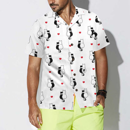 Black White Couple Cat Kitten Aloha Hawaiian Shirt For Summer, Heart Hawaiian Shirt For Men Women Adults, Valentine Day Gift For Couples, Cat Lovers - Amzanimalsgift