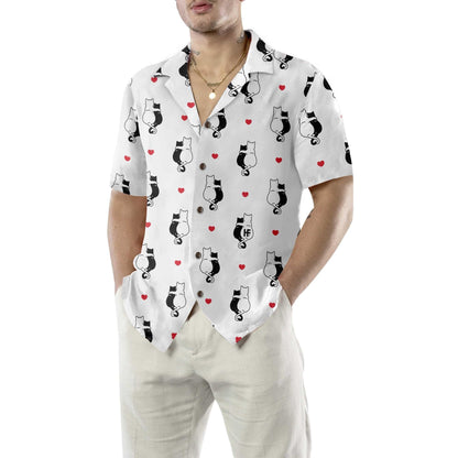 Black White Couple Cat Kitten Aloha Hawaiian Shirt For Summer, Heart Hawaiian Shirt For Men Women Adults, Valentine Day Gift For Couples, Cat Lovers - Amzanimalsgift