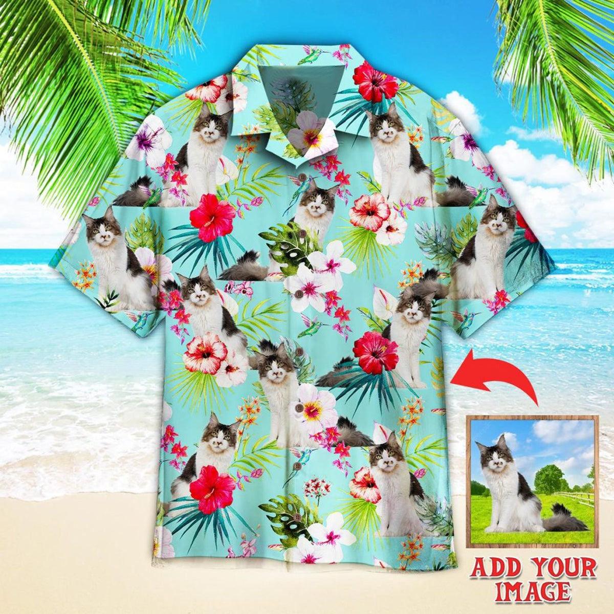Blue Classic Tropical Maine Coon Custom Photo Hawaiian Shirt, Personalized Hawaiian Shirts - Perfect Gift For Cat Lovers, Family, Friends - Amzanimalsgift