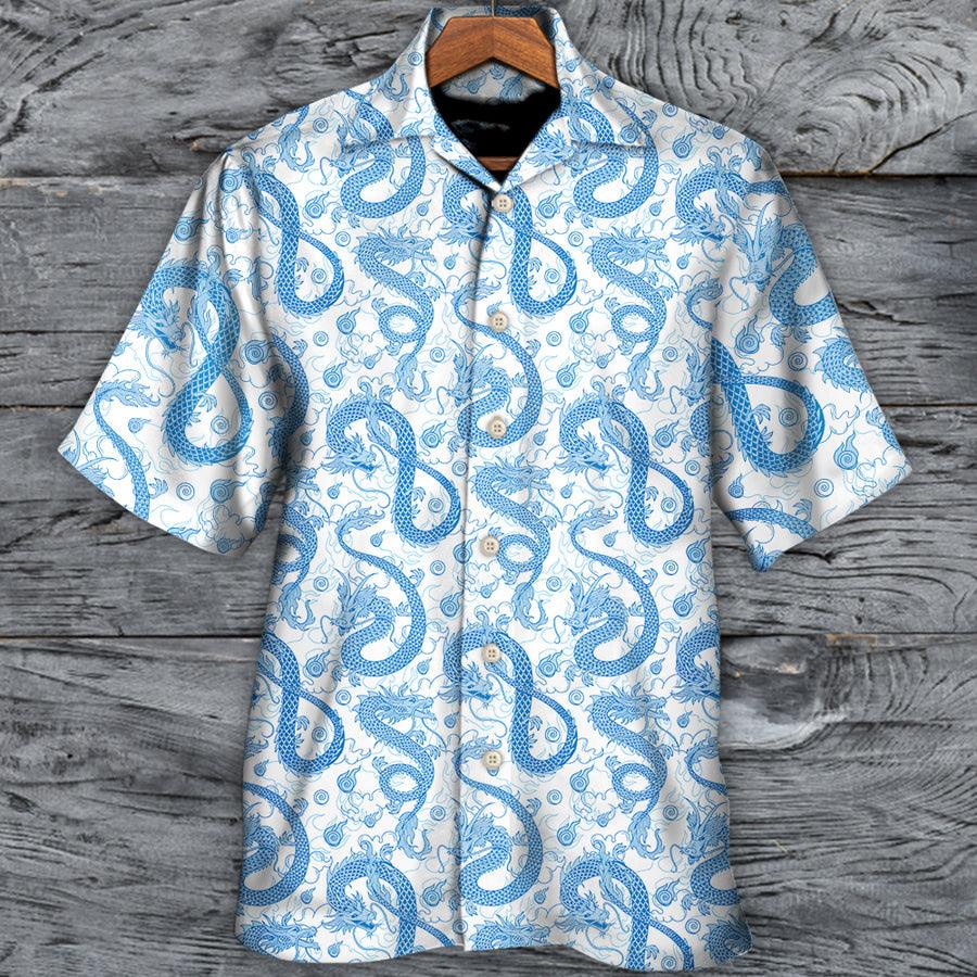 Blue Dragon And White Hawaiian Shirt For Summer, Dragon Colorful Hawaiian Shirts Outfit For Men Women, Dragon Lovers - Amzanimalsgift