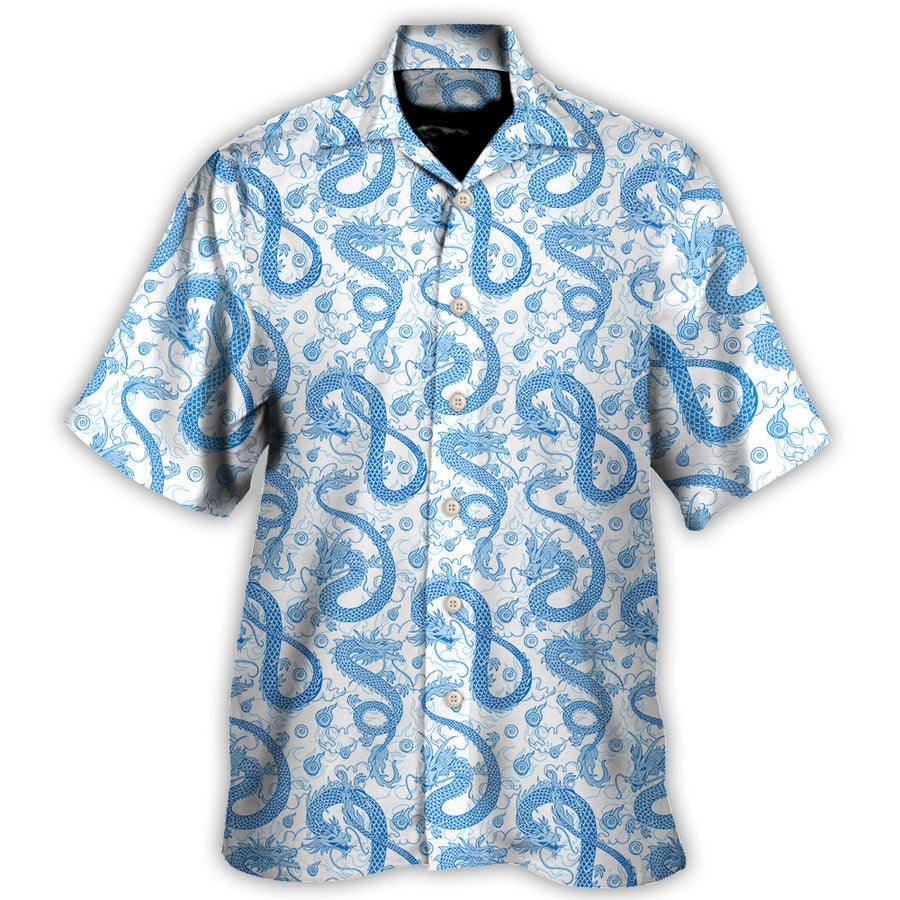 Blue Dragon And White Hawaiian Shirt For Summer, Dragon Colorful Hawaiian Shirts Outfit For Men Women, Dragon Lovers - Amzanimalsgift
