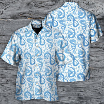Blue Dragon And White Hawaiian Shirt For Summer, Dragon Colorful Hawaiian Shirts Outfit For Men Women, Dragon Lovers - Amzanimalsgift