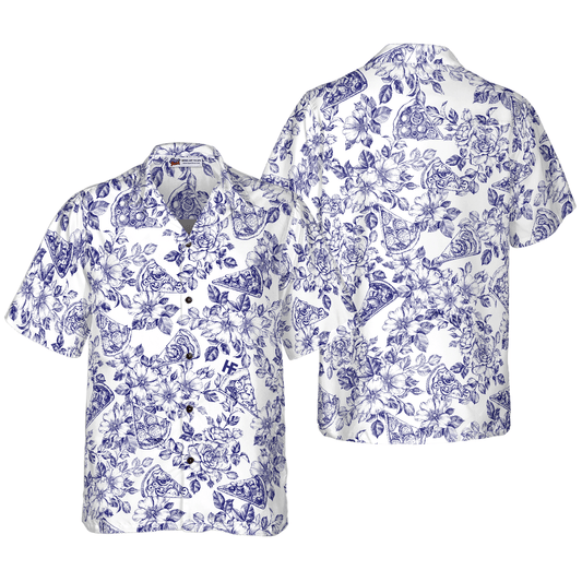 Blue Floral Pizza Pattern Hawaiian Shirt, Colorful Summer Aloha Shirt For Men Women, Perfect Gift For Friend, Team, Pizza Lovers - Amzanimalsgift