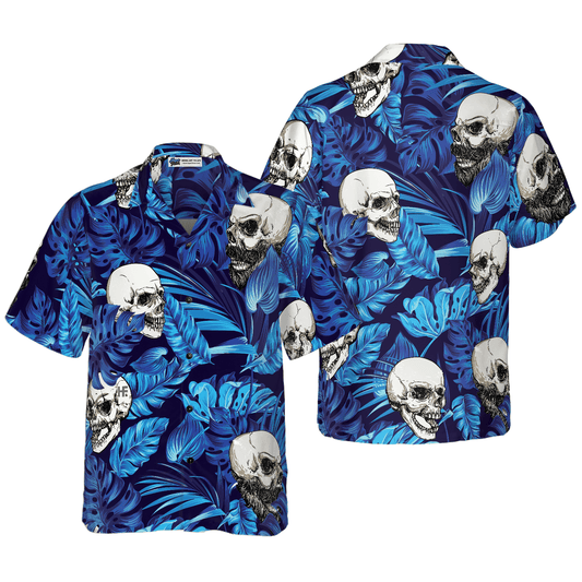 Blue Tropical Floral Summer And Skull Aloha Hawaiian Shirt For Summer, Colorful Shirt For Men Women, Perfect Gift For Friend, Team, Family - Amzanimalsgift