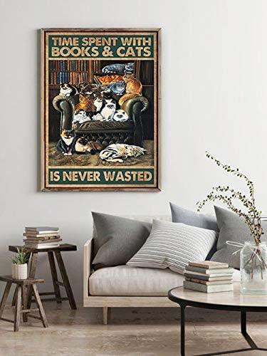 Books & Cats Portrait Canvas - Time Spent with Books & Cats is Never Wasted Canvas - Perfect Gift For Cat Lover, Book Lover - Amzanimalsgift