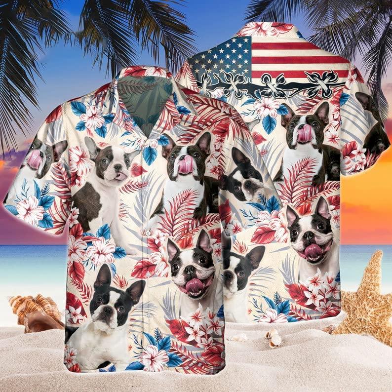 Boston Terrier Aloha Hawaiian Shirts For Summer, Dog Tropical Independence Day USA Flag Hawaiian Shirt For Men Women, 4th of July Gift For Dog Lovers - Amzanimalsgift